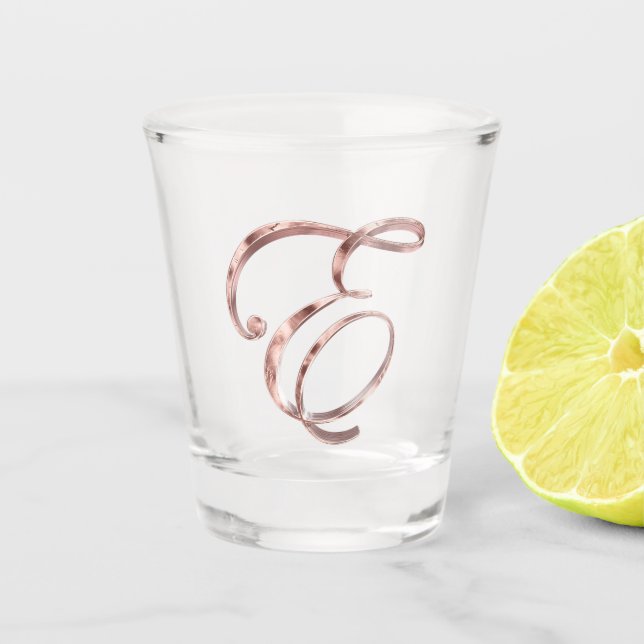 Copo De Shot Letra Elegante Monograma E Chic Rosa Dourada (Frente)