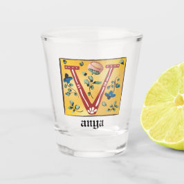 Copo De Shot Letra Floral Iluminada Medieval V Monograma