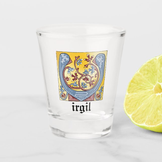 Copo De Shot Letra V Iluminada Azul Medieval e Vermelha Ivy (Frente)