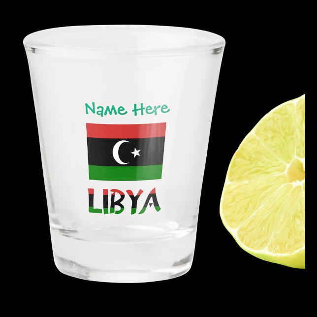Copo De Shot Líbia Bandeira Líbia Verde Personalizada  (Shot glass with Libyan flag and the word LIBYA below in colors of the flag. Add a name above.)