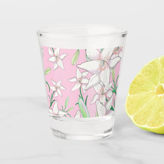 Copo De Shot Lillies Brancos na Ilustração de Fundo Rosa (Frente)