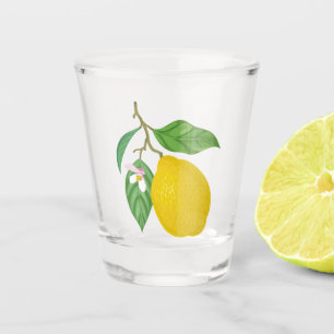 Copo De Shot Limão amarelo com folhas verdes e flores brancas