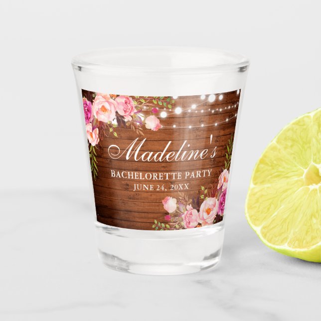 Copo De Shot Luzes de Madeira Floral Rosa Festa de Solteira (Frente)