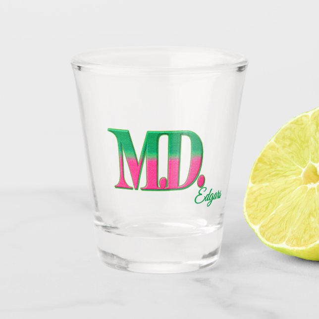 Copo de Shot 'M.D.' Rosa e Verde Personalizado (Frente)