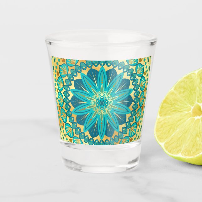 Copo De Shot Mandalas Flor de Ouro Azul (Frente)