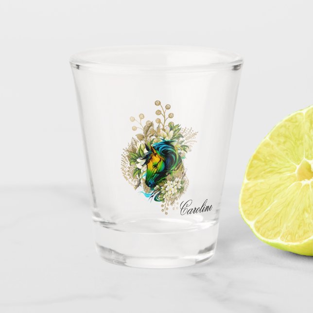 Copo De Shot Maravilhoso cavalo colorido com flores (Frente)