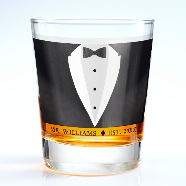 Copo De Shot Marido noivo Sr. de terno preto e gravata borbolet (Black Suit & Bowtie Husband Groom Mr Shot Glass
)