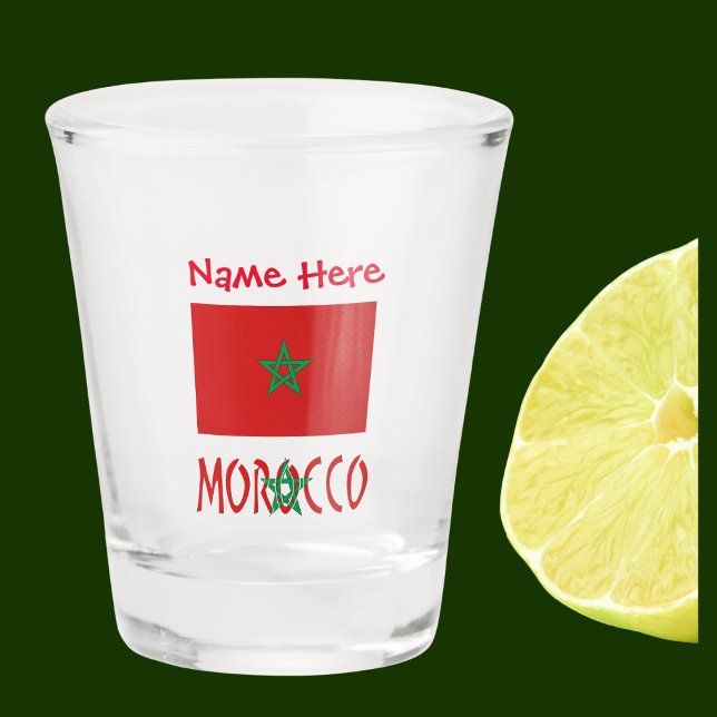 Copo De Shot Marrocos Bandeira Personalização Vermelha (Moroccan flag on shot glass has the word MOROCCO below in flag colors. Add name in red text above.)