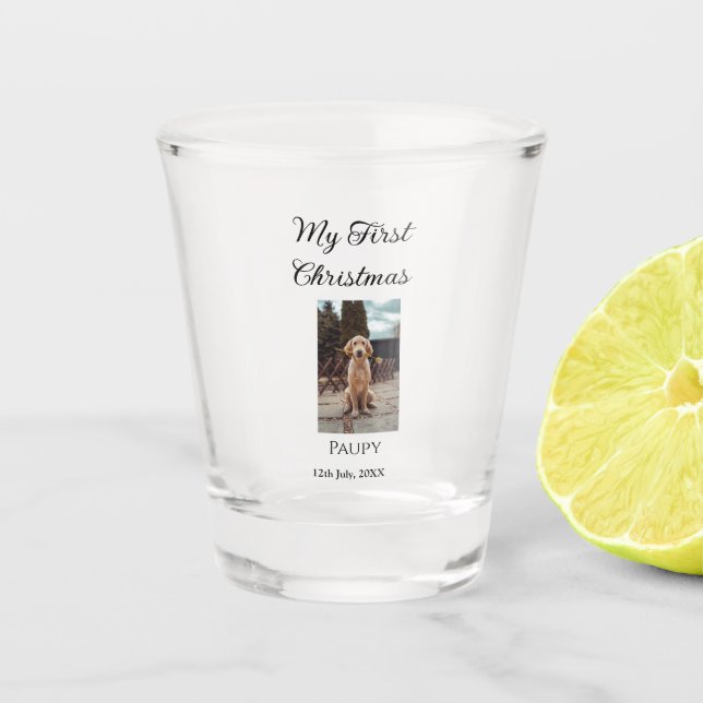 Copo De Shot Meu primeiro Natal adicionou o nome de um cão foto (Frente)