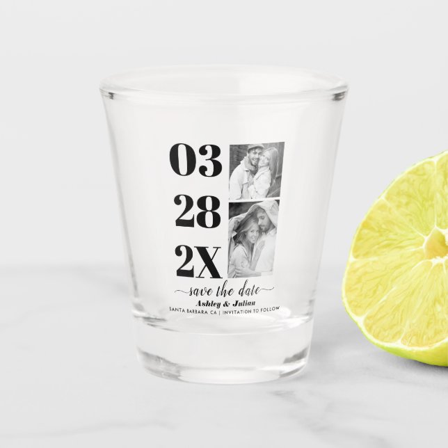 Copo De Shot Moderno preto e branco duas fotos Salvem a data (Frente)