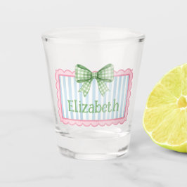 Copo De Shot Moldura Rosa e Azul com Laço de Gingham Verde