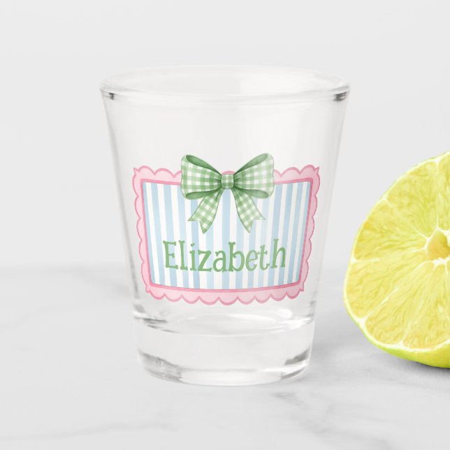 Copo De Shot Moldura Rosa e Azul com Laço de Gingham Verde (Frente)