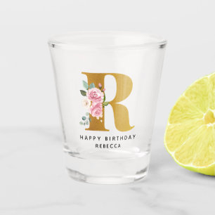 Copo De Shot Monograma Floral R Aniversário Nome Personalizado
