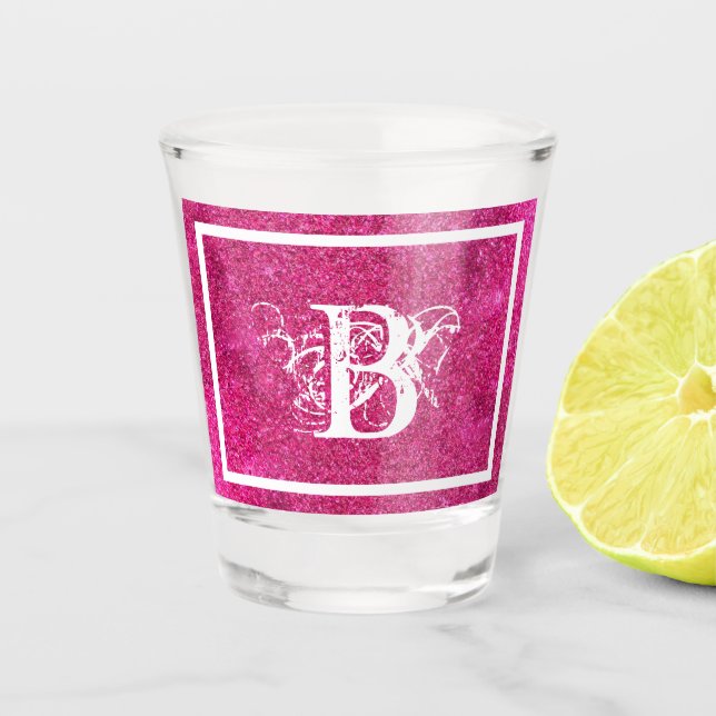 Copo De Shot Monograma Inicial Branco com Brilho Rosa Chic Cool (Frente)