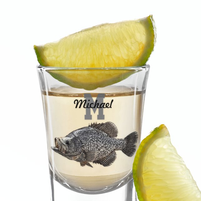 Copo De Shot Monograma Nome Crappie Pescadores Esportes ao ar l (Crappie Fishing shot glass that can be monogrammed for the perfect gift.)