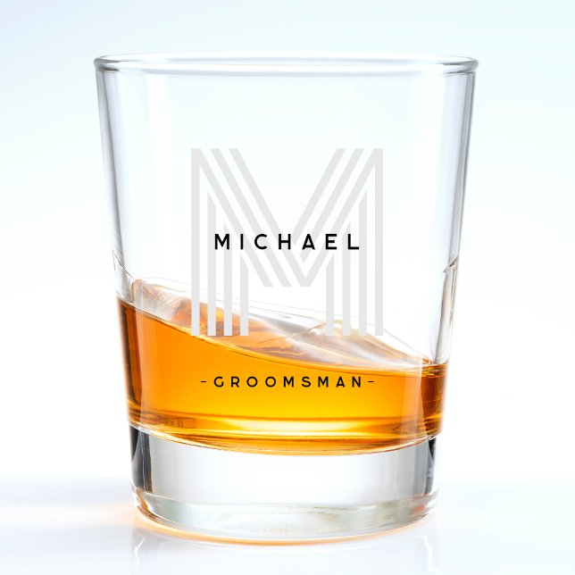 Copo De Shot Monograma Preto para a Despedida de Solteiro do No (Black Monogram Groomsman Wedding Bachelor Party Shot Glass)
