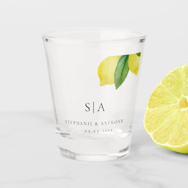 Copo De Shot Monogramas Lemon Citrus Branch Greenery Casamento (Frente)
