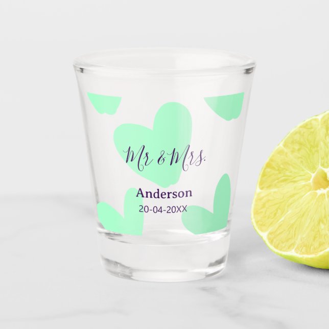 Copo De Shot Mr & Mrs add family name date year wedding favor  (Frente)