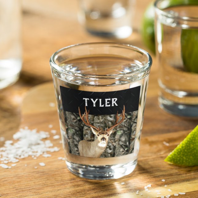 Copo De Shot Mule Deer Camo Nome Legal Caça Buck Antlers (Hunting Deer Personalized Camo Groomsman gift Shot Glass)