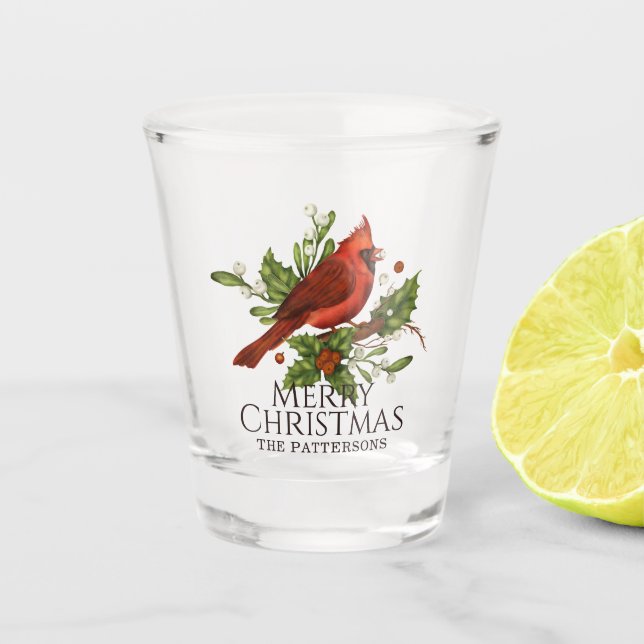 Copo De Shot Natal Personalizado com Cardinal Vermelho e Azevin (Frente)