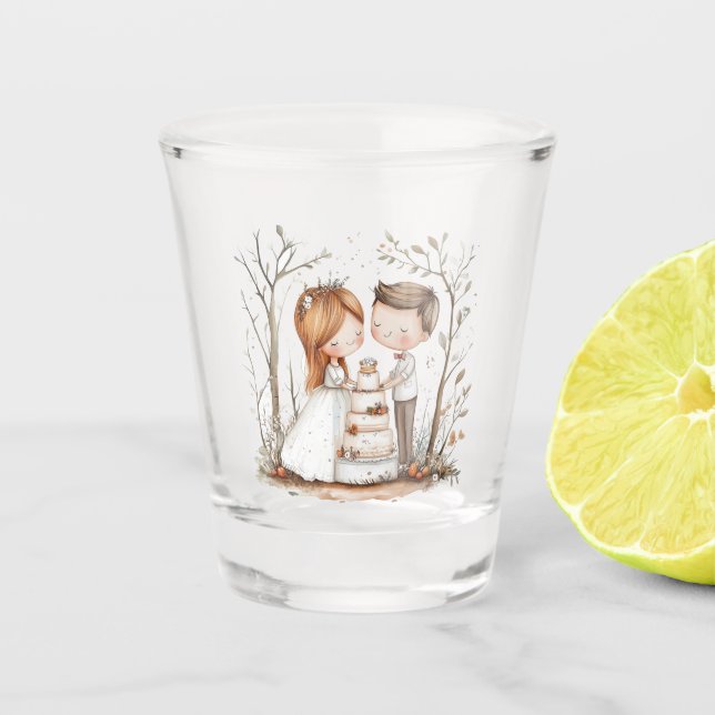 Copo De Shot Noiva e Noivo Fofos com bolo (Frente)