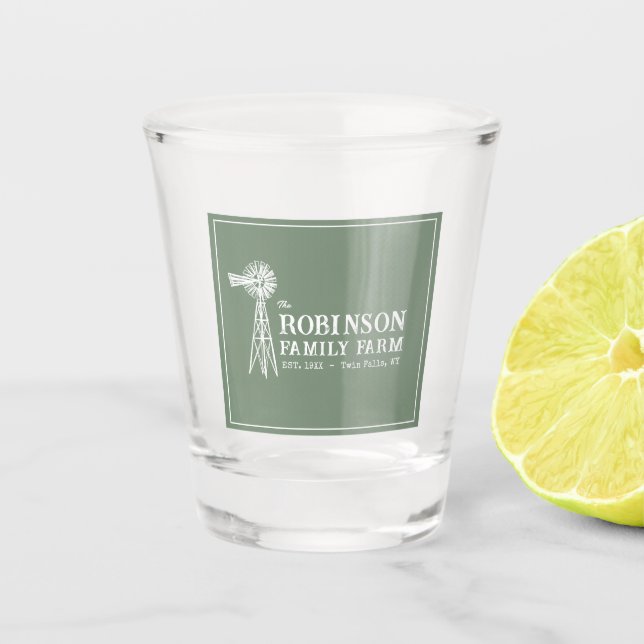 Copo De Shot Nome da família Fazenda Rustic Windmill Sage Green (Frente)