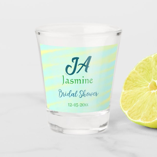 Copo De Shot Nome do chá de noiva pastel em aquarela azul verde (Frente)