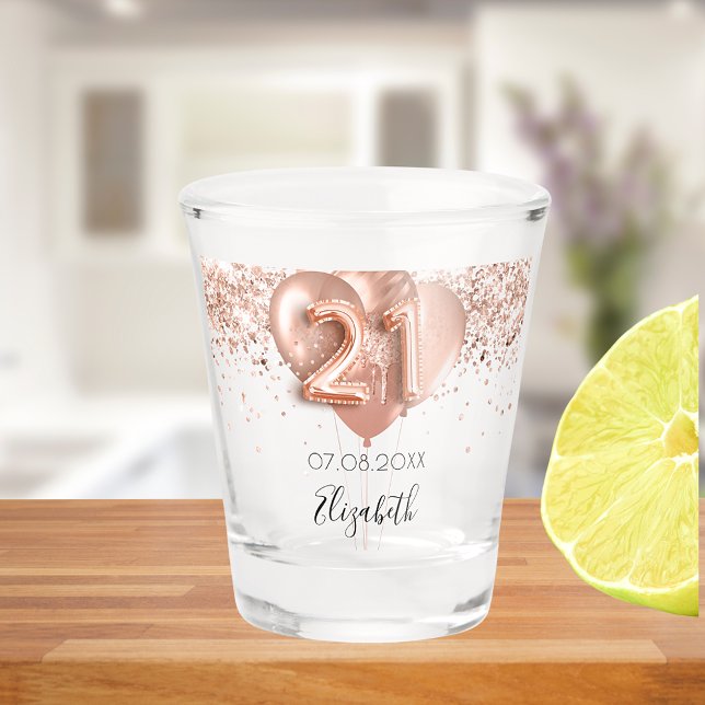 Copo De Shot nome dos balões aniversário de 21 anos rosa dourad (Criador carregado)