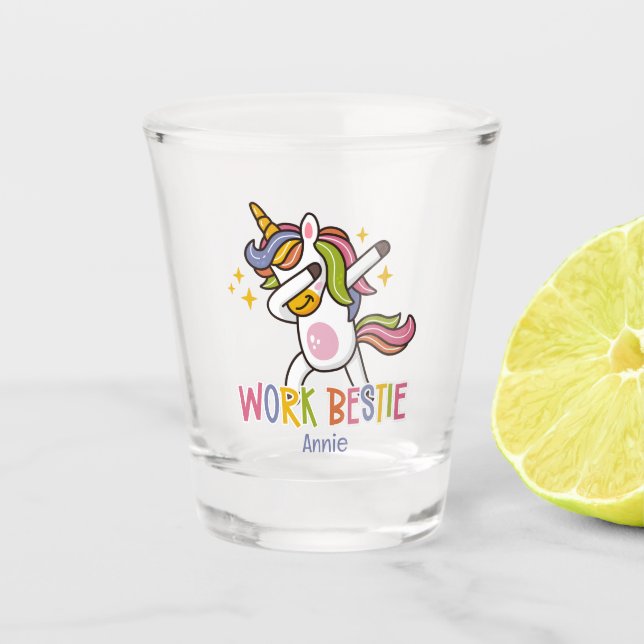 Copo De Shot Nome Personalizado Rainbow Unicorn Work Bestie (Frente)