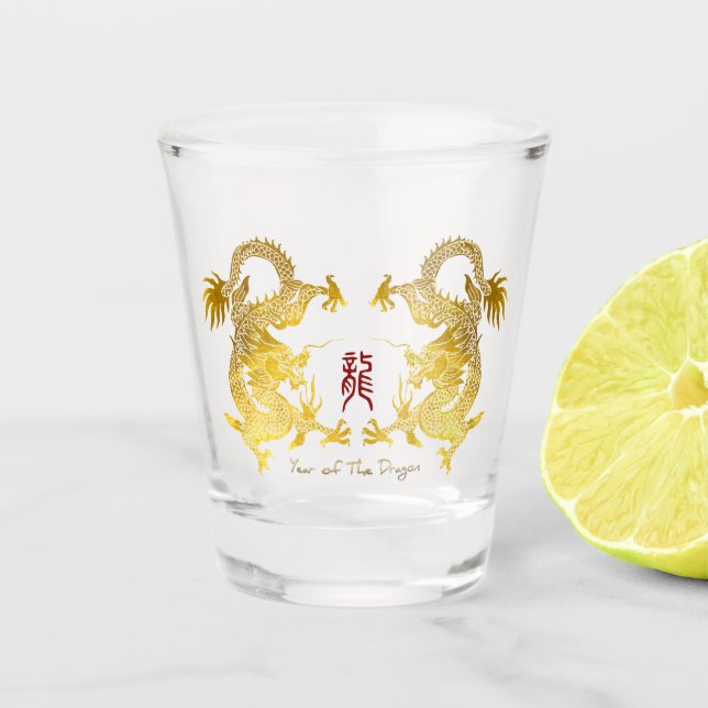 Copo De Shot O antigo Ideograma do Dragão Chinês ouro Aniversár (Frente)