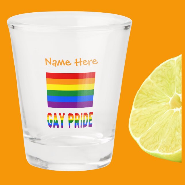 Copo De Shot Orgulho gay Rainbow Flag Orange Personalizado (Shot glass has Gay Pride Rainbow Flag with words GAY PRIDE below in flag colors..Above add a name.)