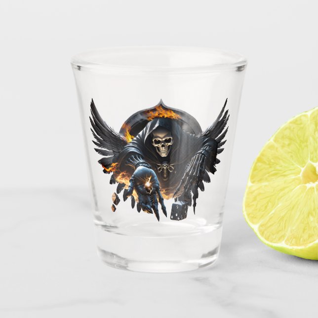 Copo De Shot Ossos e magia, esqueleto com dados místicos. (Frente)