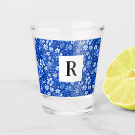 Copo De Shot Padrão de Folhas Tropicais de Cobalto Azul e Flore