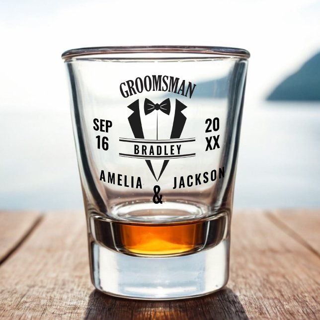 Copo De Shot Padrinho de casamento Tuxedo Casamento Personaliza (Groomsmen Custom Tuxedo Wedding Favor Shot Glass)