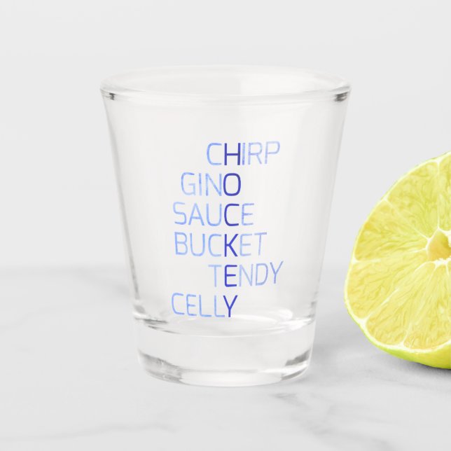 Copo De Shot Palavras de gírias de hóquei, Gino, Celly, Tendy (Frente)