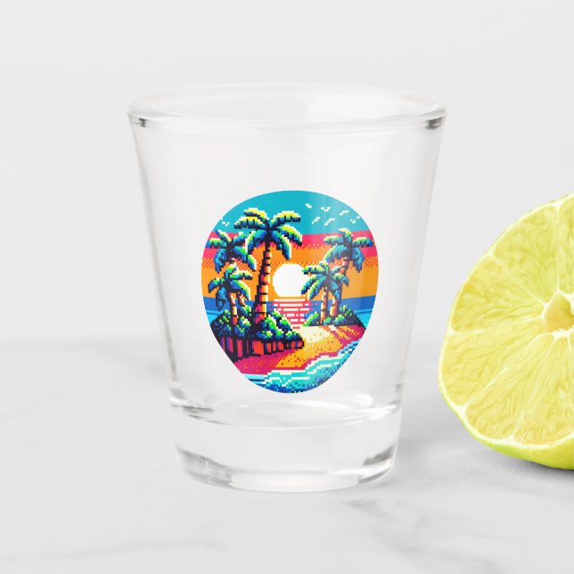 Copo De Shot Paraíso Tropical Sunset Beach Relaxando Pixel Art (Frente)
