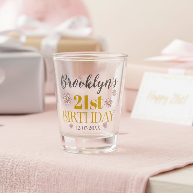 Copo De Shot Partido Elegante Dourado e aniversário de 21 anos  (Personalized 21st birthday shot glass. 🌼)