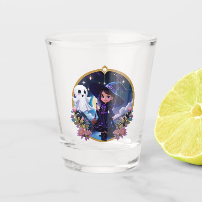 Copo De Shot Pequena bruxa com olhos grandes e brilhantes. (Frente)