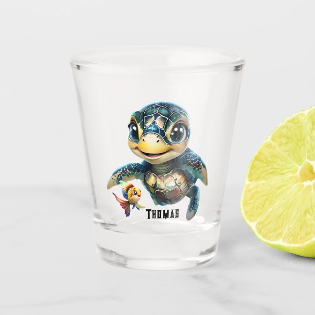 Copo De Shot Pequena tartaruga marinha explorando com sua amiga (Frente)