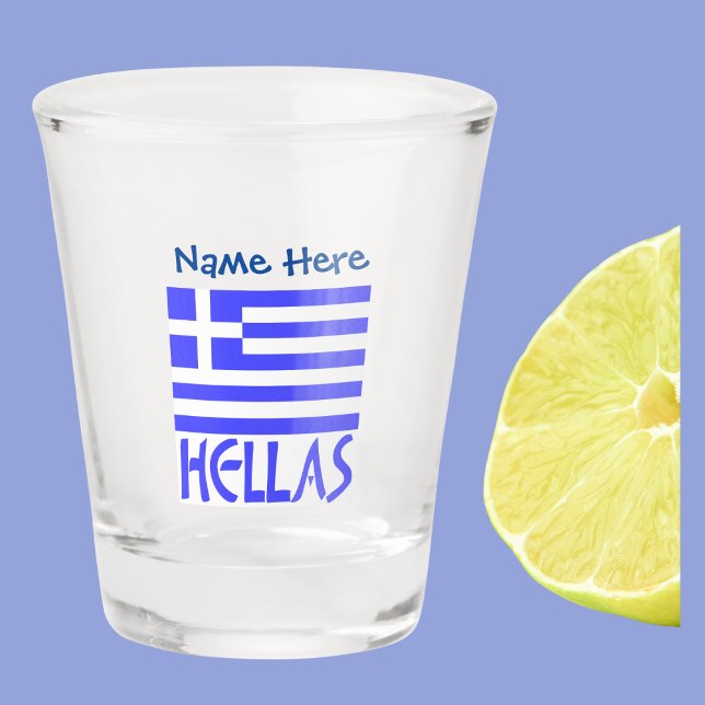 Copo De Shot Personalização Azul de Sinalizador Grego Hellas (Shot glass with the Greek flag and the word HELLAS below in blue. Add à name above.)