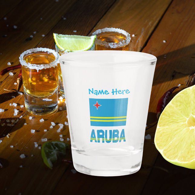 Copo De Shot Personalização Azul do Sinalizador Aruba e Aruban (Shot glass with the Aruban flag and the word ARUBA below in the flag colors. Add a name above.)