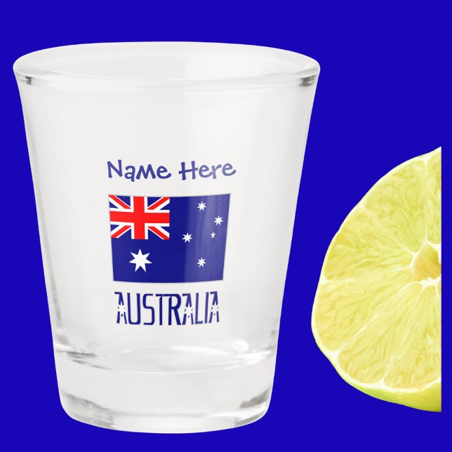 Copo De Shot Personalização Azul do Sinalizador Australiano da  (Australian Flag on shot glass with words AUSTRALIA below in flag colors. Above, add name in blue.)