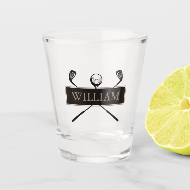 Copo De Shot Personalized Name Gold and Black Golf Clubs (Frente)