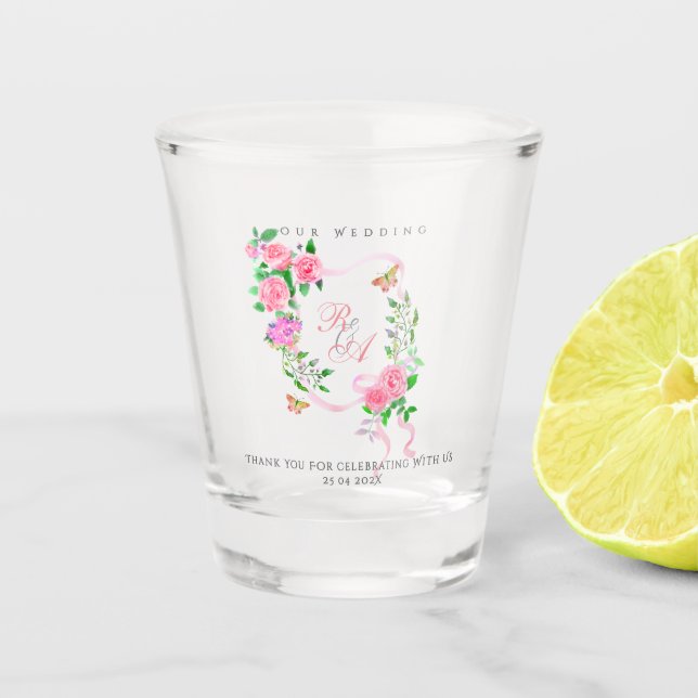 Copo De Shot Pink Rose Ribbon Monogram Wedding  (Frente)