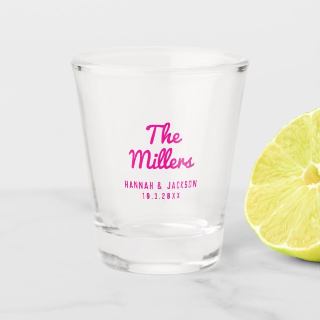 Copo De Shot Pink Wedding Favor Last Name Personalized (Frente)