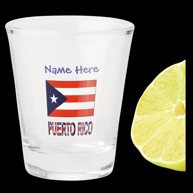 Copo De Shot Porto Rico Porto Rico Bandeira Blue Personalizado (Shot glass has Puerto Rican flag and words PUERTO RICO below in flag colors. Above, add a name.)