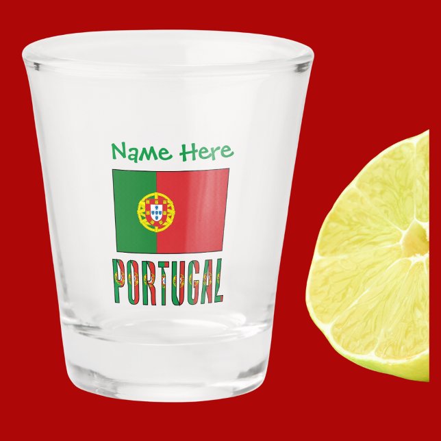 Copo De Shot Portugal: Sinalizador Português Personalizado (Portuguese Flag on shot glass has word PORTUGAL below in flag colors. Green text above for name.)