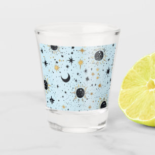 Copo De Shot Preto, Dourado e Azul Sol Lua Estrelas Celestiais