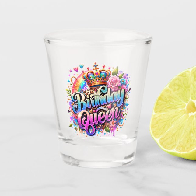 Copo De Shot Rainha de Aniversário Arco-Íris Floral (Frente)