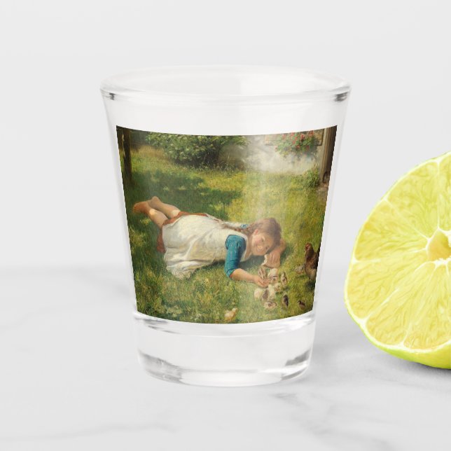 Copo De Shot Rapariga Brincando com Pintinhos (Galinha e Galinh (Frente)